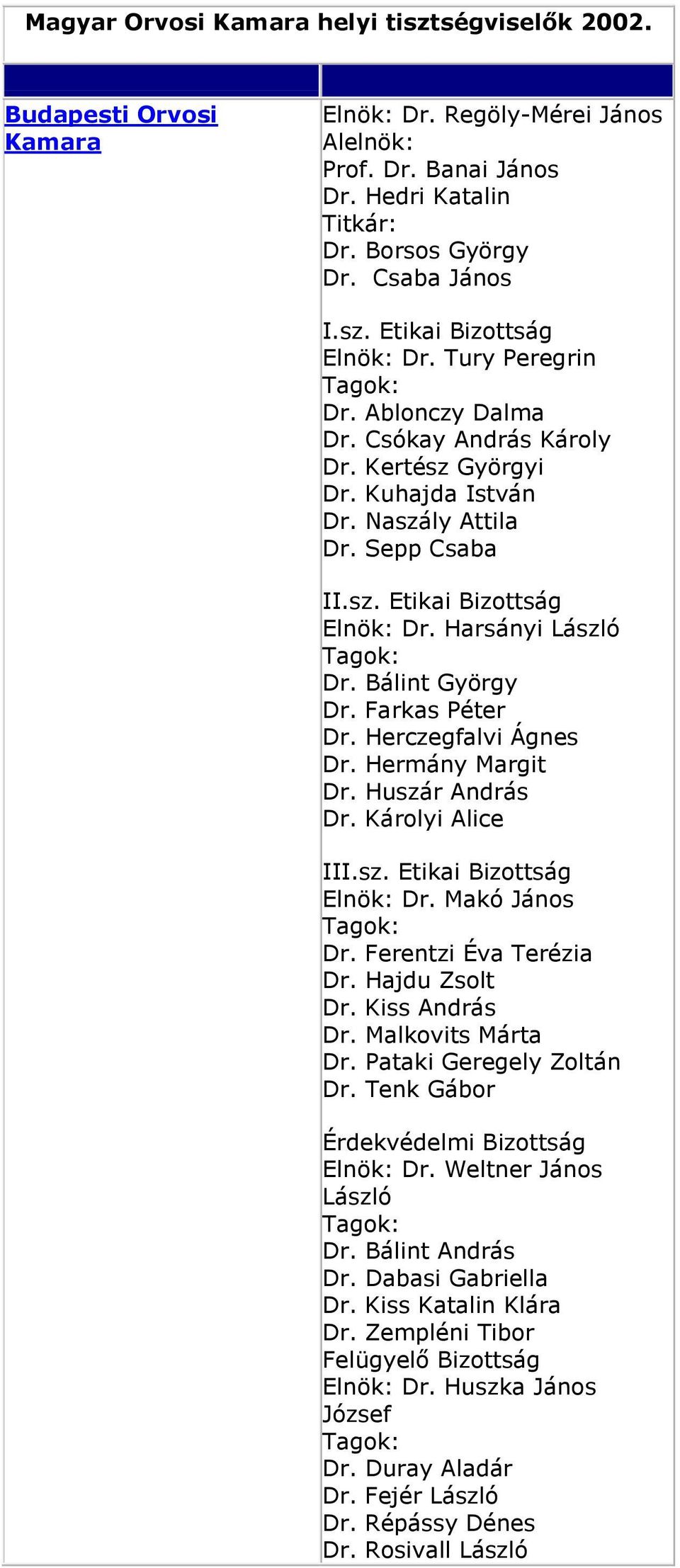 Elnök: Dr. Regöly-Mérei János Alelnök: Prof. Dr. Banai János Dr. Hedri  Katalin Titkár: Dr. Borsos György Dr. Csaba János - PDF Free Download