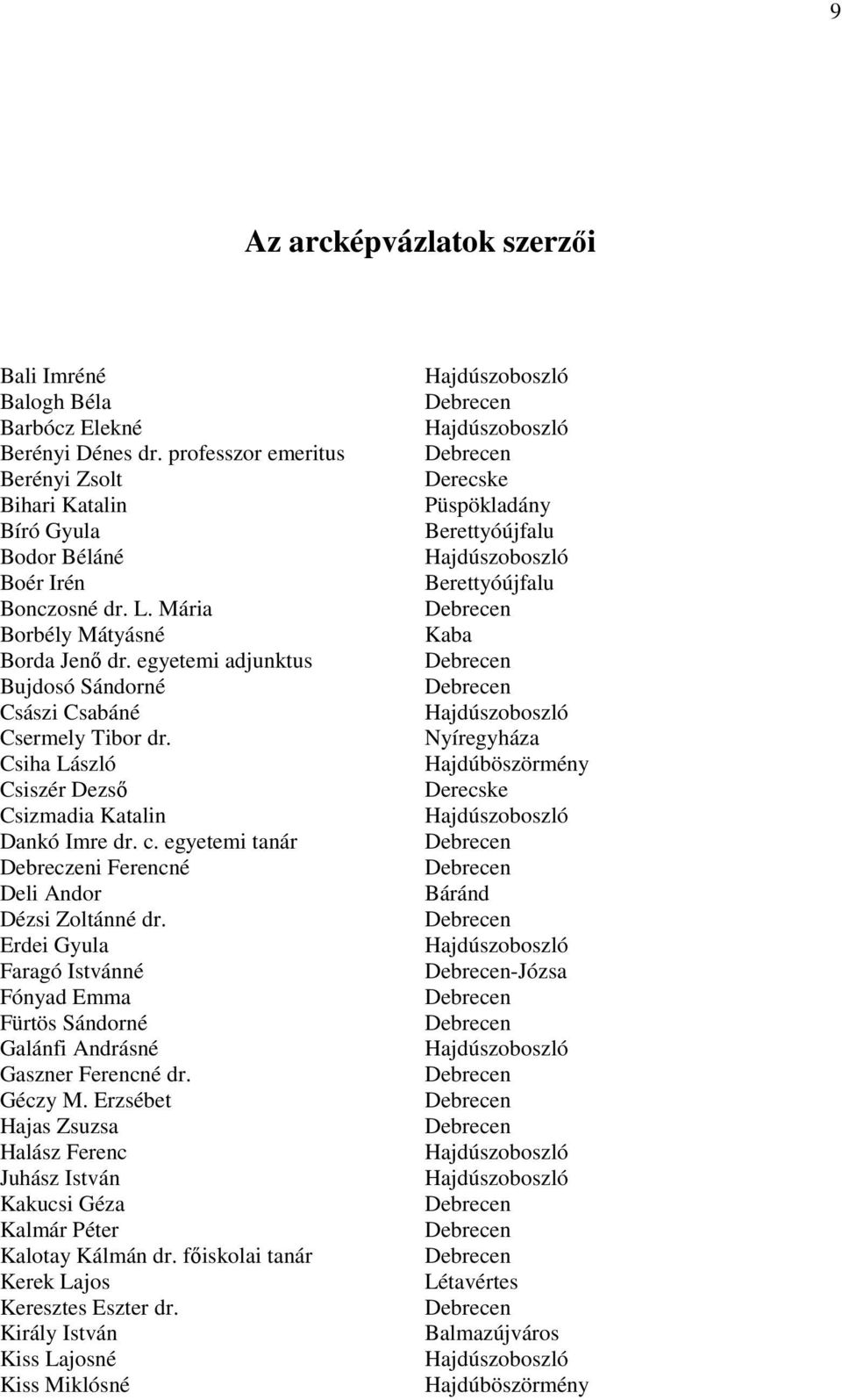 egyetemi tanár Debreczeni Ferencné Deli Andor Dézsi Zoltánné dr. Erdei Gyula Faragó Istvánné Fónyad Emma Fürtös Sándorné Galánfi Andrásné Gaszner Ferencné dr. Géczy M.