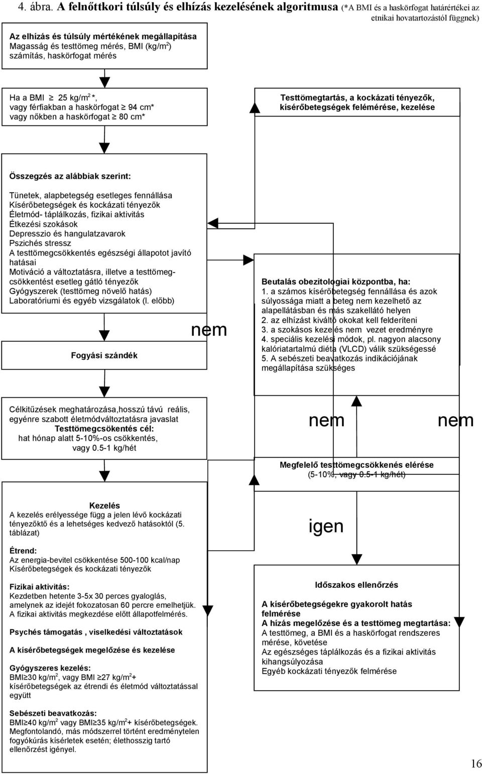 mérés, BMI (kg/m 2 ) számítás, haskörfogat mérés Ha a BMI 25 kg/m 2 *, vagy férfiakban a haskörfogat 94 cm* vagy nőkben a haskörfogat 80 cm* Testtömegtartás, a kockázati tényezők, kísérőbetegségek