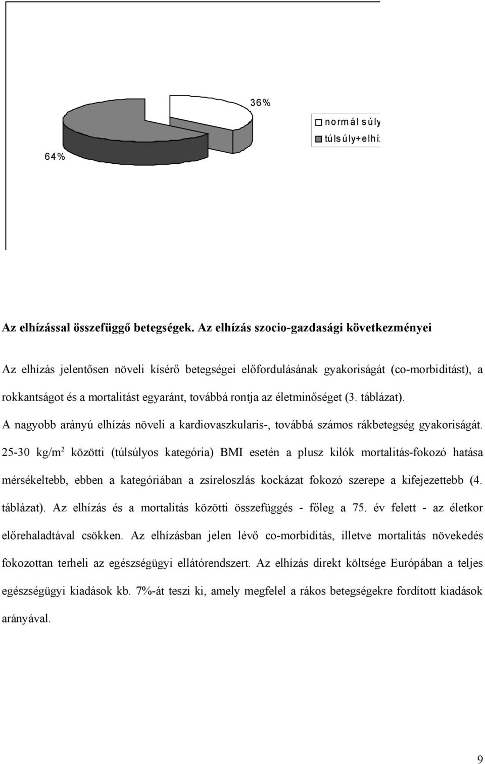 életminőséget (3. táblázat). A nagyobb arányú elhízás növeli a kardiovaszkularis-, továbbá számos rákbetegség gyakoriságát.