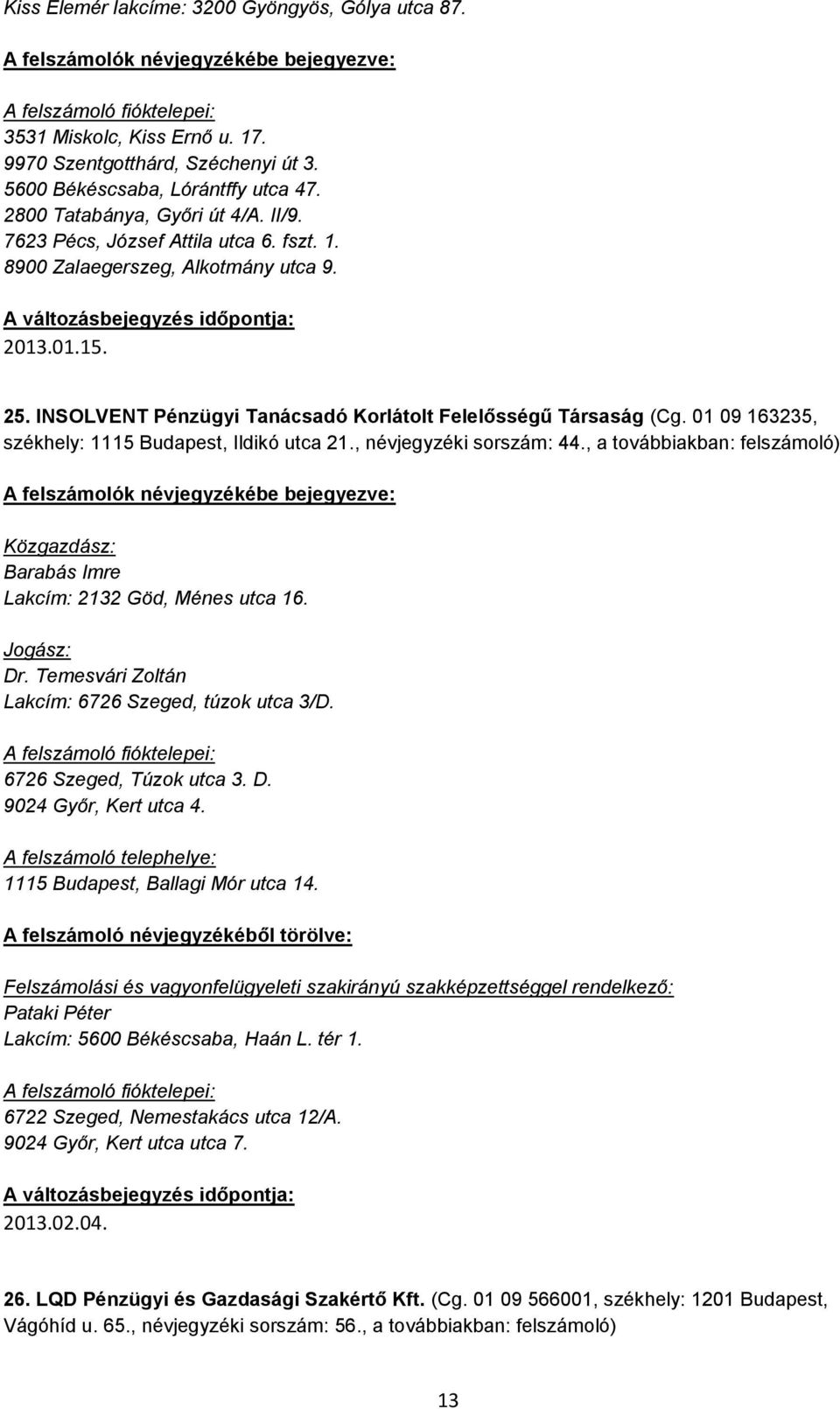 01 09 163235, székhely: 1115 Budapest, Ildikó utca 21., névjegyzéki sorszám: 44., a továbbiakban: felszámoló) Barabás Imre Lakcím: 2132 Göd, Ménes utca 16. Dr.