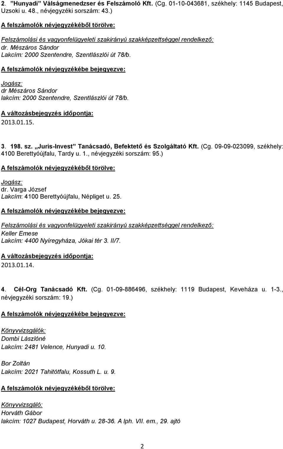 09-09-023099, székhely: 4100 Berettyóújfalu, Tardy u. 1., névjegyzéki sorszám: 95.) dr. Varga József Lakcím: 4100 Berettyóújfalu, Népliget u. 25. Keller Emese Lakcím: 4400 Nyíregyháza, Jókai tér 3.