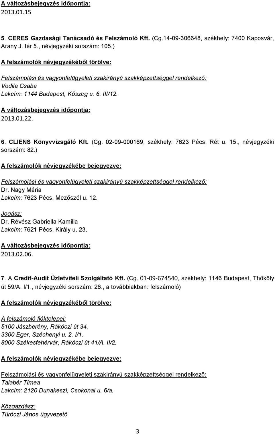 23. 2013.02.06. 7. A Credit-Audit Üzletviteli Szolgáltató Kft. (Cg. 01-09-674540, székhely: 1146 Budapest, Thököly út 59/A. I/1., névjegyzéki sorszám: 26.