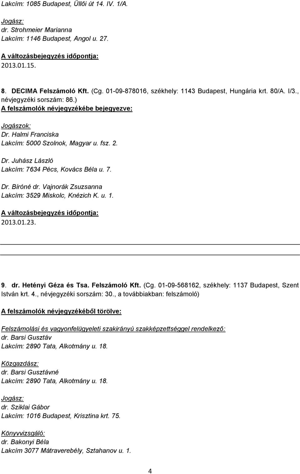 Vajnorák Zsuzsanna Lakcím: 3529 Miskolc, Knézich K. u. 1. 2013.01.23. 9. dr. Hetényi Géza és Tsa. Felszámoló Kft. (Cg. 01-09-568162, székhely: 1137 Budapest, Szent István krt. 4.