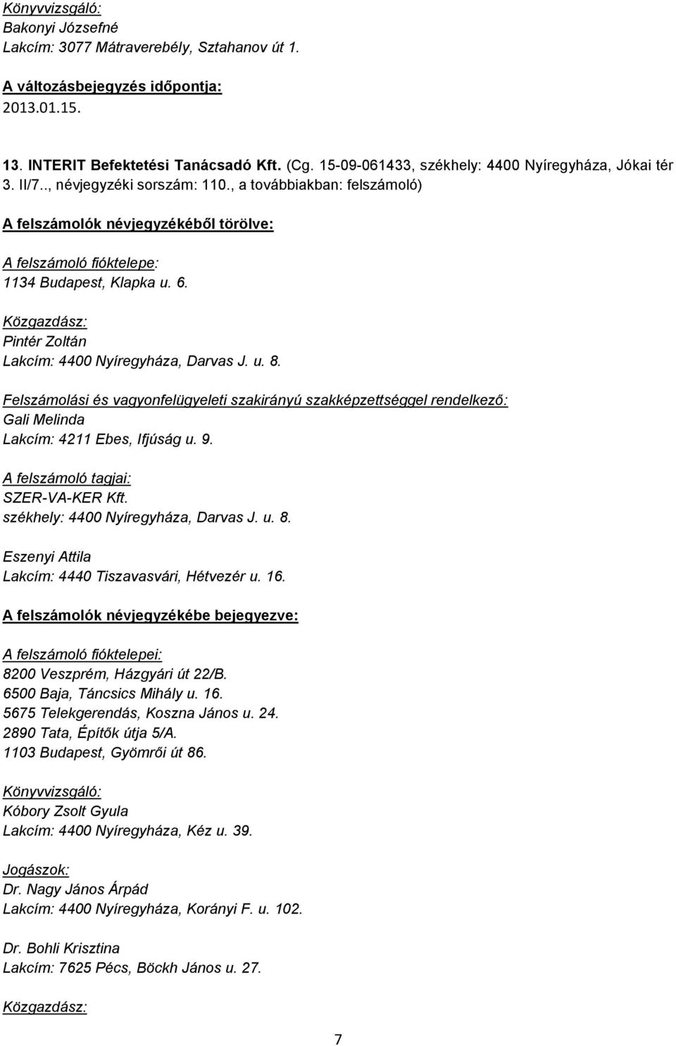 Gali Melinda Lakcím: 4211 Ebes, Ifjúság u. 9. A felszámoló tagjai: SZER-VA-KER Kft. székhely: 4400 Nyíregyháza, Darvas J. u. 8. Eszenyi Attila Lakcím: 4440 Tiszavasvári, Hétvezér u. 16.