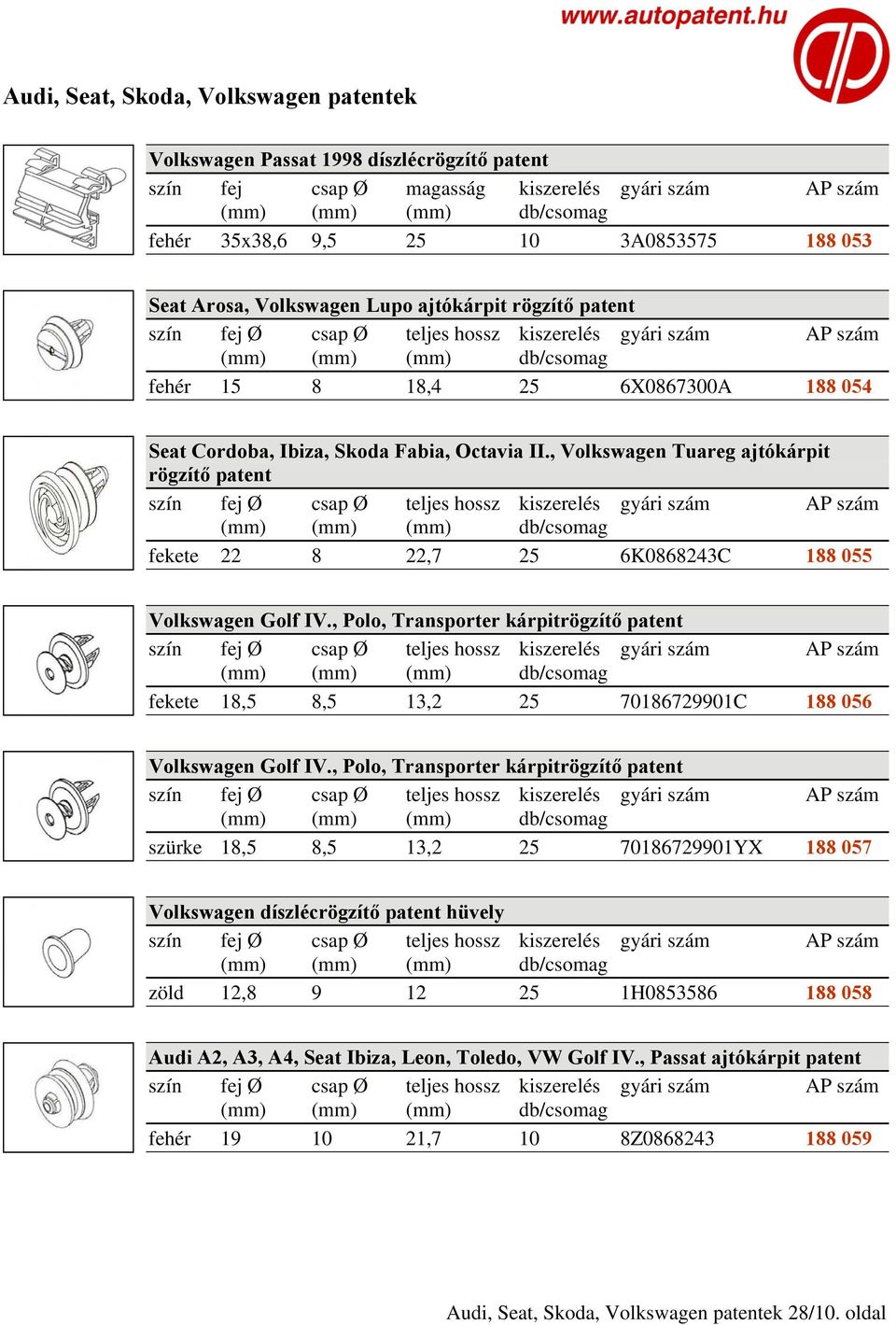 , Polo, Transporter kárpitrögzítő patent fekete 18,5 8,5 13,2 25 70186729901C 188 056 Volkswagen Golf IV.