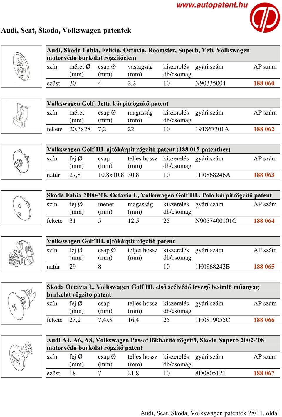 ajtókárpit rögzítő patent (188 015 patenthez) szín fej Ø csap teljes hossz natúr 27,8 10,8x10,8 30,8 10 1H0868246A 188 063 Skoda Fabia 2000-08, Octavia I., Volkswagen Golf III.