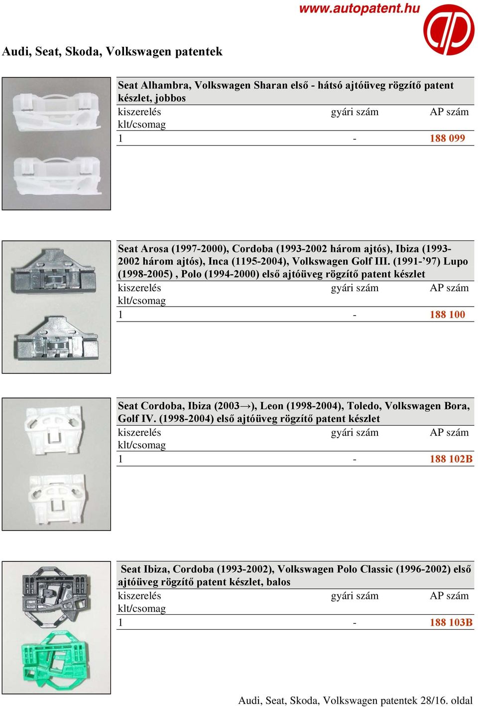 (1991-97) Lupo (1998-2005), Polo (1994-2000) első ajtóüveg rögzítő patent készlet 1-188 100 Seat Cordoba, Ibiza (2003 ), Leon (1998-2004), Toledo, Volkswagen