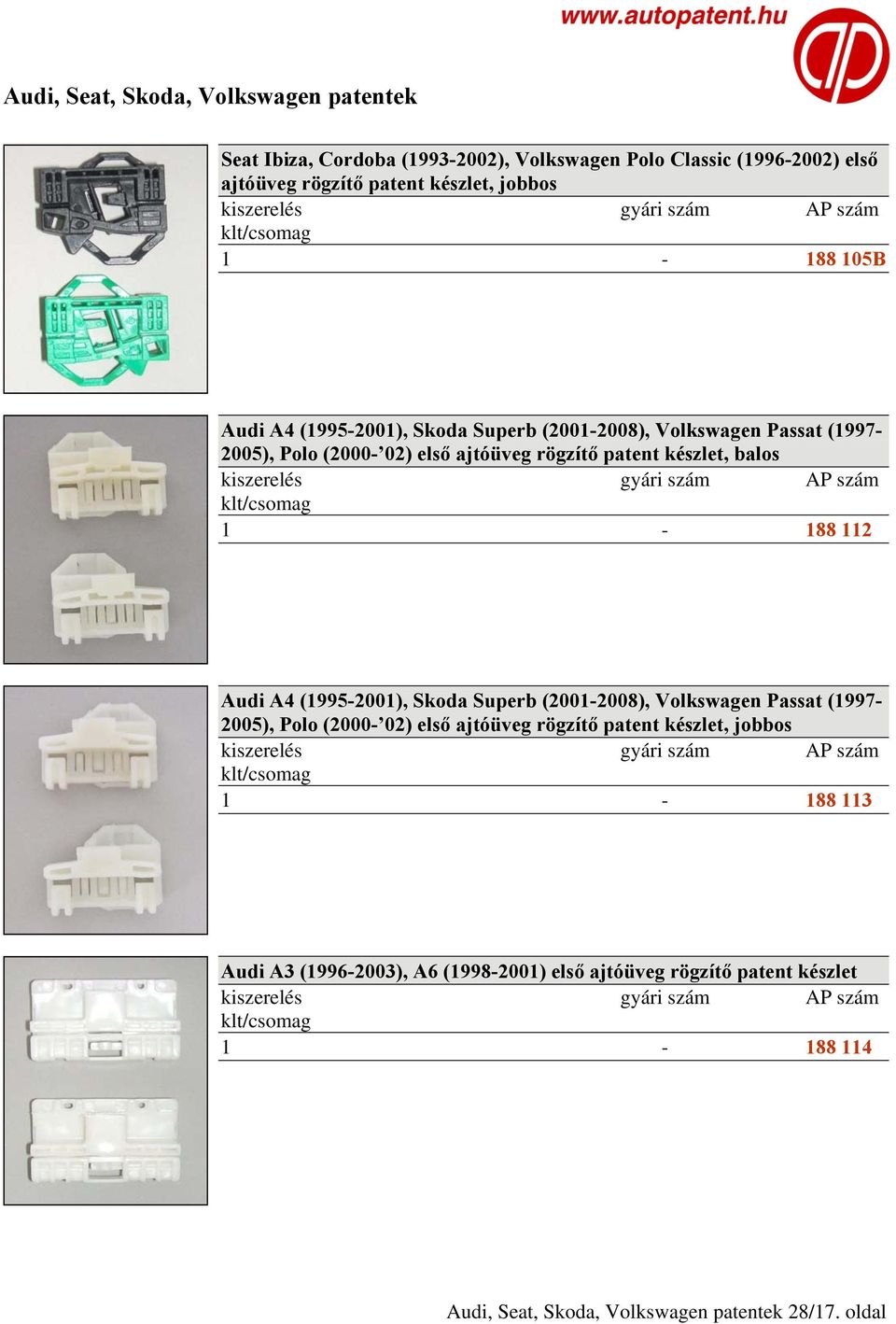 Audi A4 (1995-2001), Skoda Superb (2001-2008), Volkswagen Passat (1997-2005), Polo (2000-02) első ajtóüveg rögzítő patent készlet, jobbos