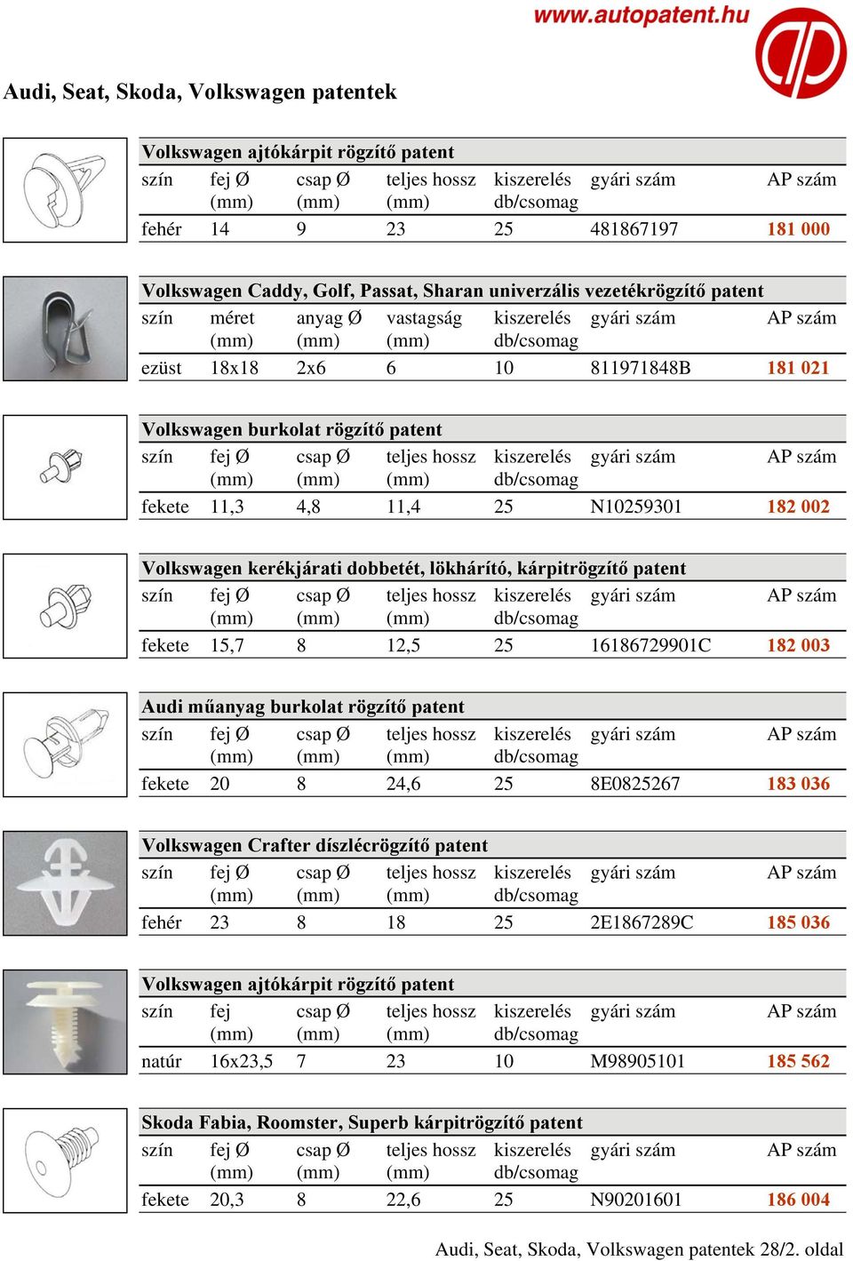 003 Audi műanyag burkolat rögzítő patent fekete 20 8 24,6 25 8E0825267 183 036 Volkswagen Crafter díszlécrögzítő patent fehér 23 8 18 25 2E1867289C 185 036 Volkswagen ajtókárpit rögzítő patent szín