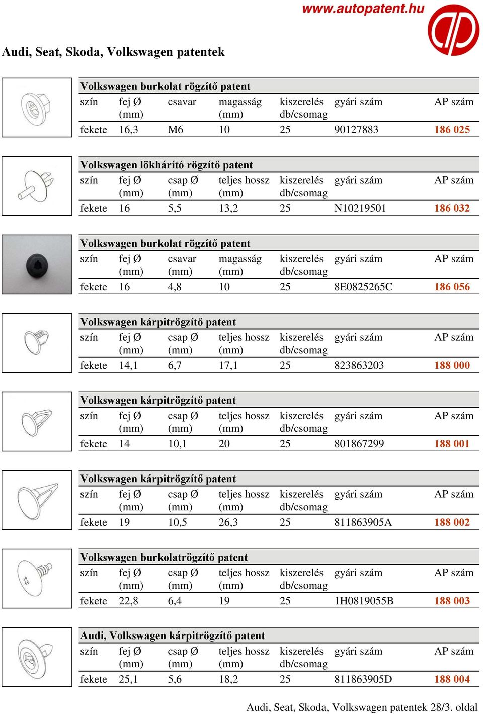 823863203 188 000 Volkswagen kárpitrögzítő patent fekete 14 10,1 20 25 801867299 188 001 Volkswagen kárpitrögzítő patent fekete 19 10,5 26,3 25 811863905A 188 002 Volkswagen