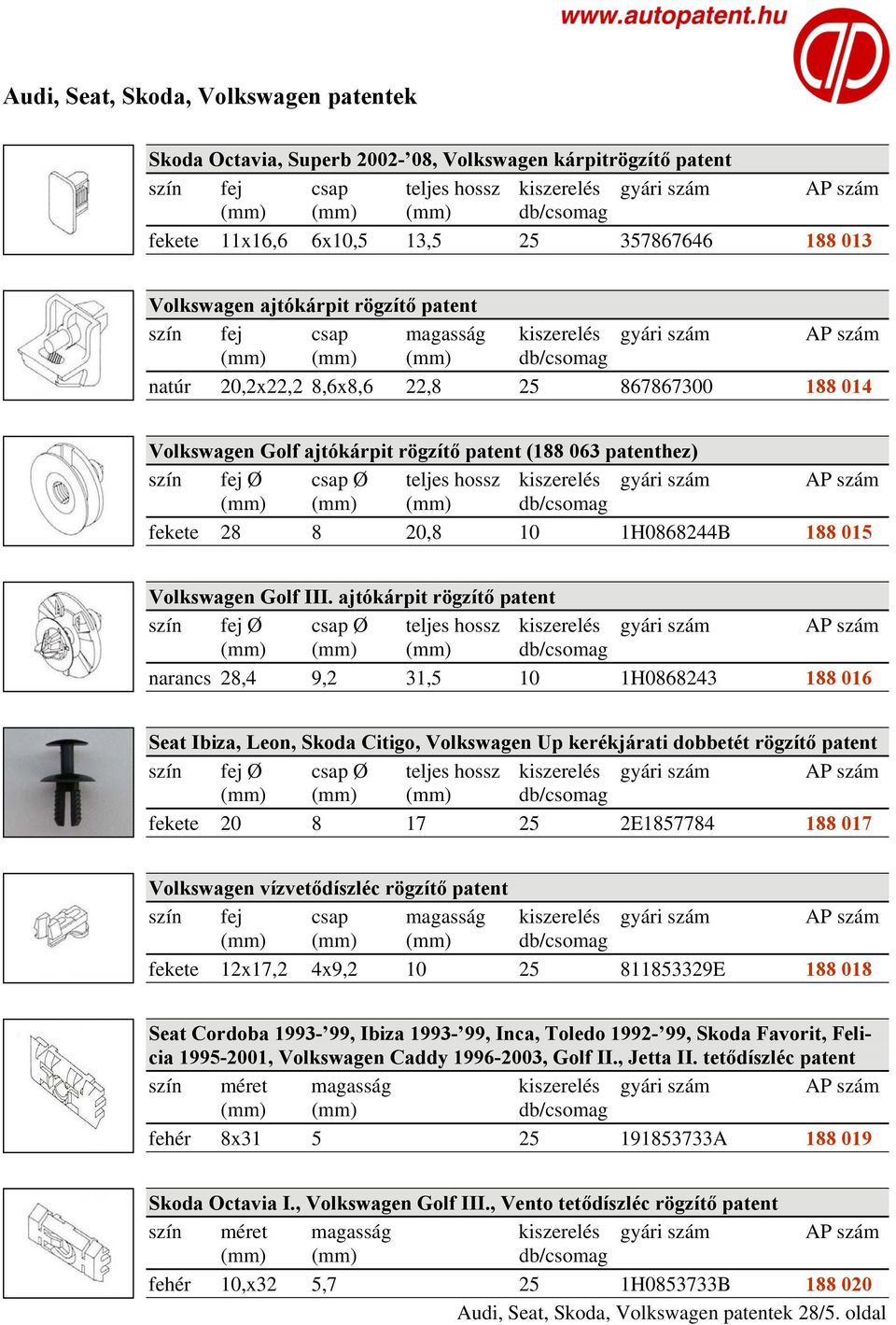 ajtókárpit rögzítő patent narancs 28,4 9,2 31,5 10 1H0868243 188 016 Seat Ibiza, Leon, Skoda Citigo, Volkswagen Up kerékjárati dobbetét rögzítő patent fekete 20 8 17 25 2E1857784 188 017 Volkswagen