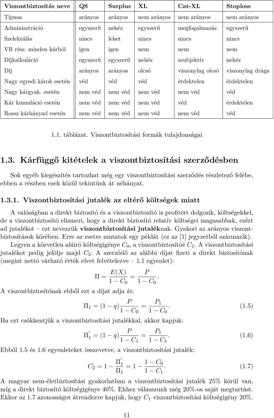 minden kárból igen igen nem nem nem Díjkalkuláció egyszerű egyszerű nehéz szubjektív nehéz Díj arányos arányos olcsó viszonylag olcsó viszonylag drága Nagy egyedi károk esetén véd véd véd érdektelen