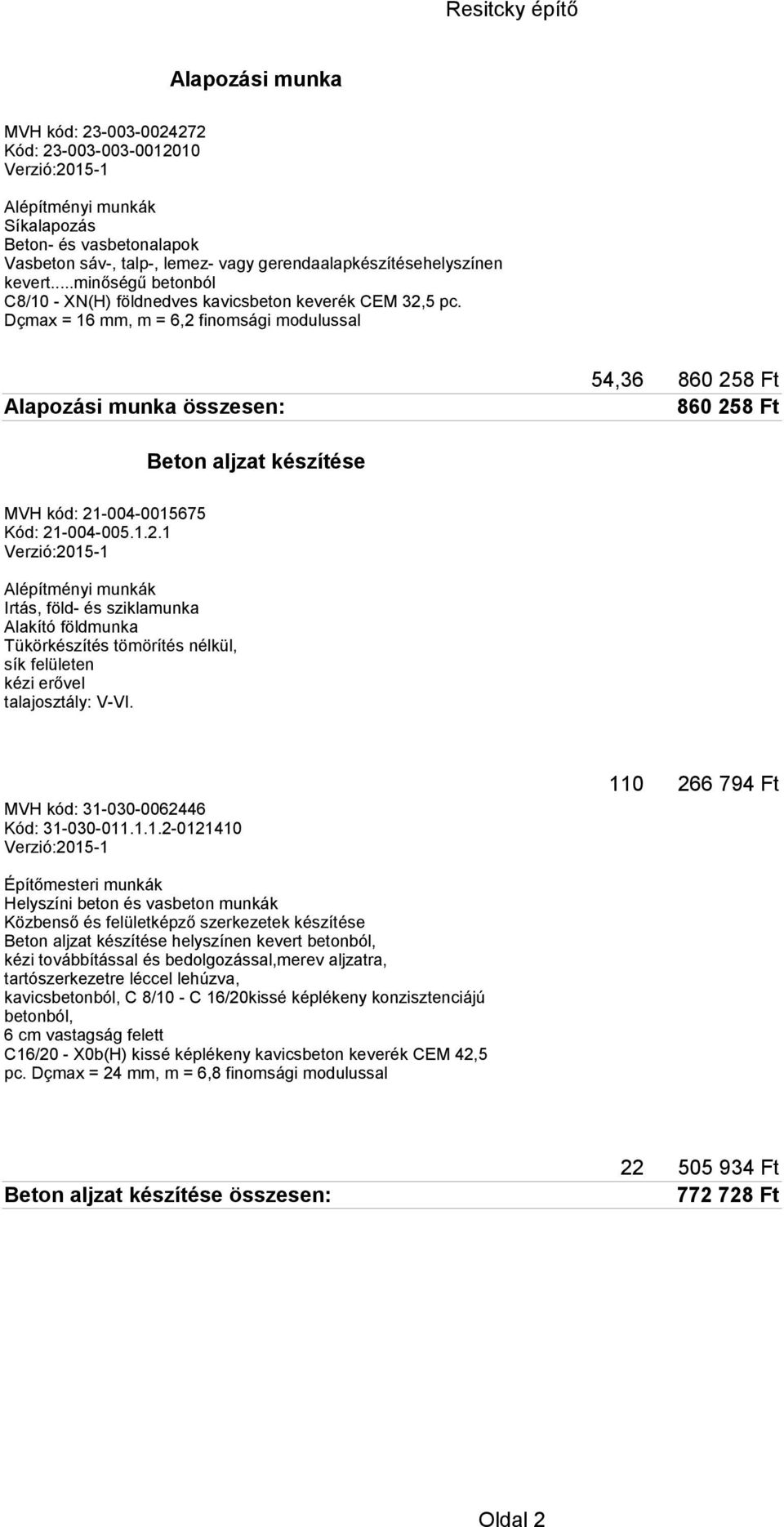 Dçmax = 16 mm, m = 6,2 finomsági modulussal Alapozási munka összesen: Beton aljzat készítése 54,36 860 258 Ft 860 258 Ft MVH kód: 21-004-0015675 Kód: 21-004-005.1.2.1 Alakító földmunka Tükörkészítés tömörítés nélkül, sík felületen kézi erővel talajosztály: V-VI.