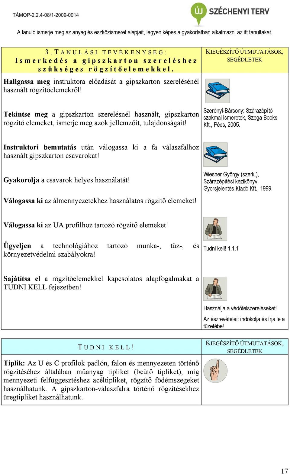 Tekintse meg a gipszkarton szerelésnél használt, gipszkarton rögzítő elemeket, ismerje meg azok jellemzőit, tulajdonságait! Szerényi-Bársony: Szárazépítő szakmai ismeretek, Szega Books Kft.