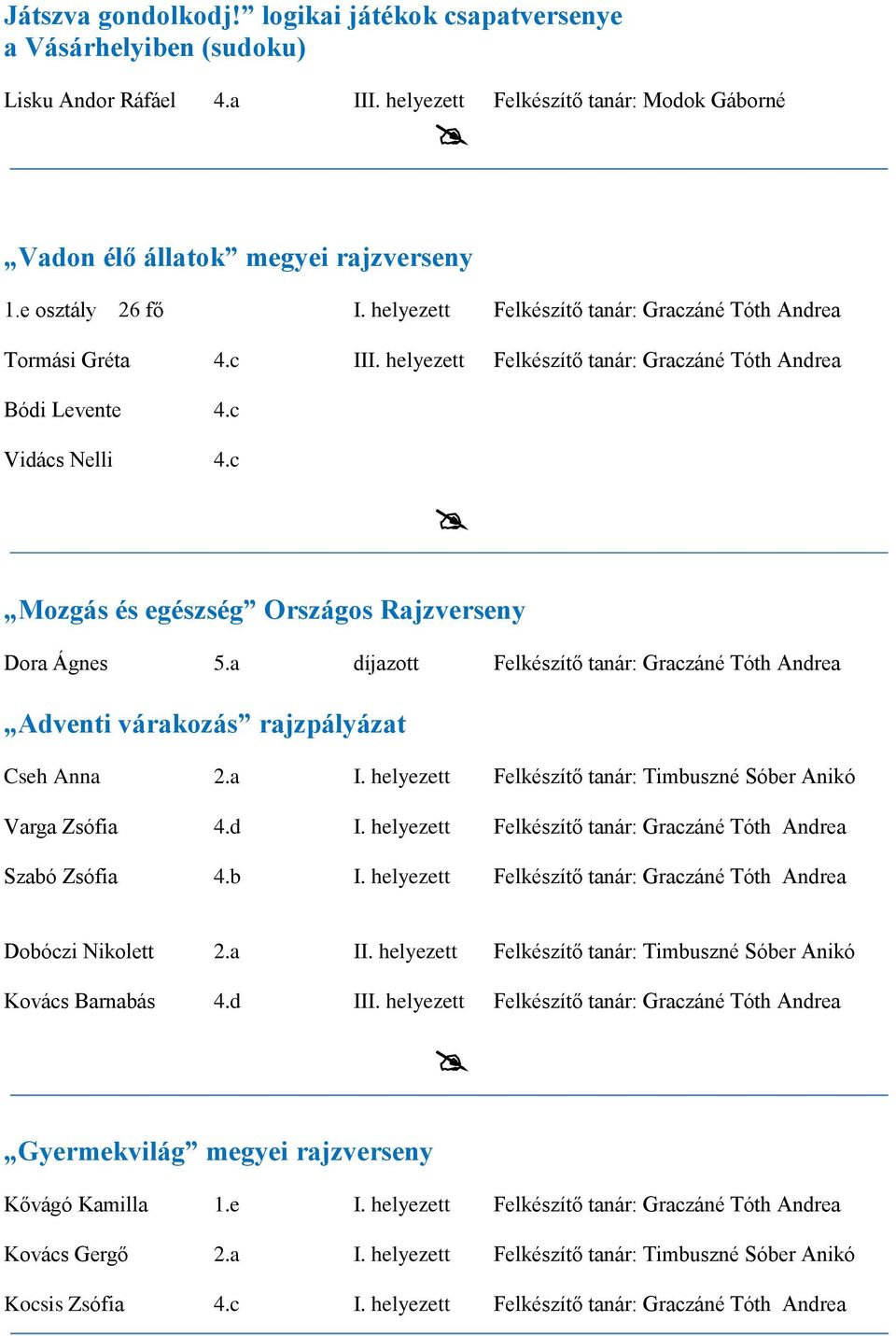 c Mozgás és egészség Országos Rajzverseny Dora Ágnes 5.a díjazott Felkészítő tanár: Graczáné Tóth Andrea Adventi várakozás rajzpályázat Cseh Anna 2.a I.