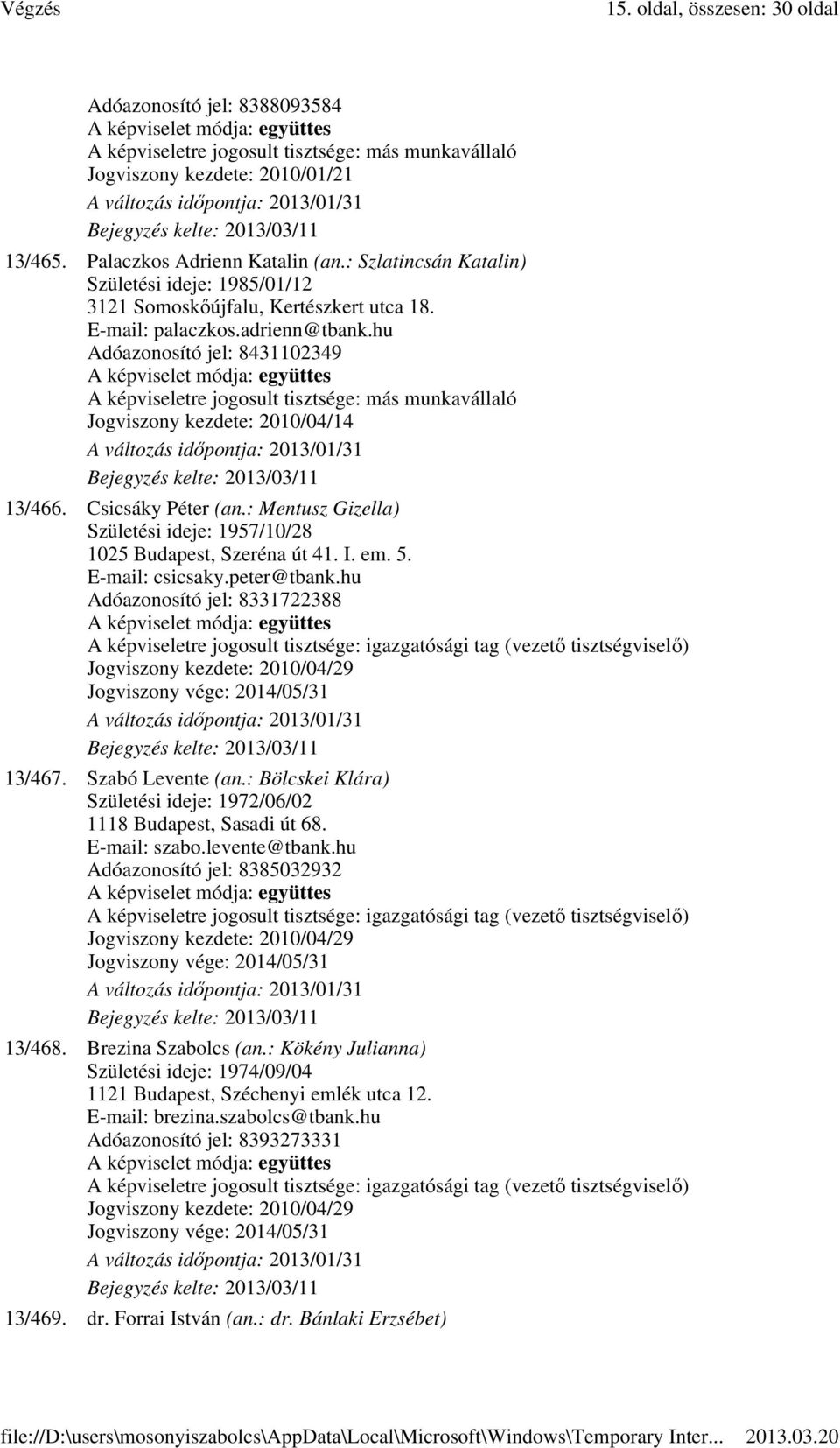 Csicsáky Péter (an.: Mentusz Gizella) Születési ideje: 1957/10/28 1025 Budapest, Szeréna út 41. I. em. 5. E-mail: csicsaky.peter@tbank.