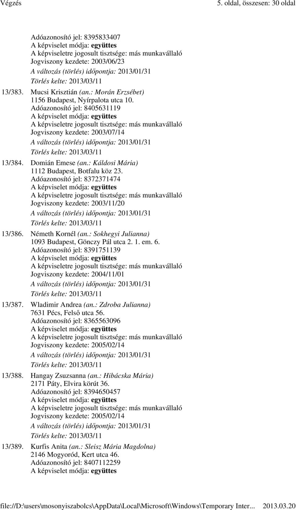 Németh Kornél (an.: Sokhegyi Julianna) 1093 Budapest, Gönczy Pál utca 2. 1. em. 6. Adóazonosító jel: 8391751139 Jogviszony kezdete: 2004/11/01 13/387. Wladimir Andrea (an.
