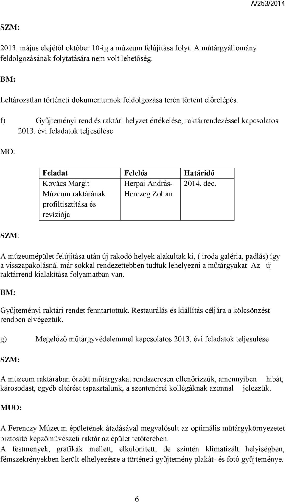 évi feladatok teljesülése MO: Feladat Felelős Határidő Kovács Margit Múzeum raktárának profiltisztítása és revíziója Herpai András- Herczeg Zoltán 2014. dec.
