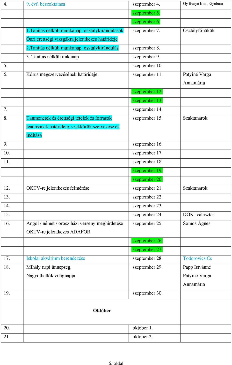 Kórus megszervezésének határideje. szeptember 11. Patyiné Varga Annamária szeptember 12. szeptember 13. 7. szeptember 14. 8. Tanmenetek és érettségi tételek és források szeptember 15.
