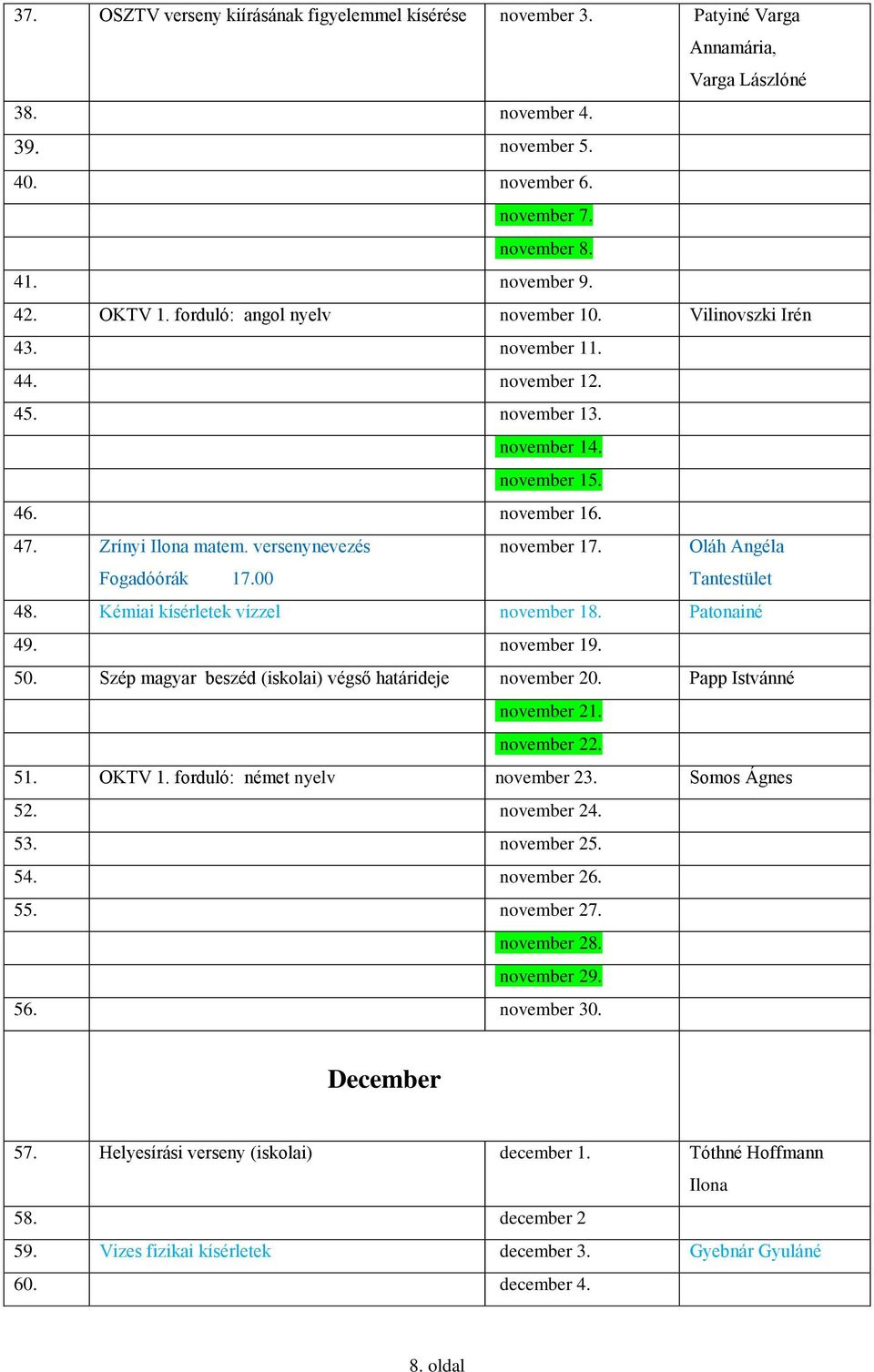 versenynevezés november 17. Oláh Angéla Fogadóórák 17.00 Tantestület 48. Kémiai kísérletek vízzel november 18. Patonainé 49. november 19. 50. Szép magyar beszéd (iskolai) végső határideje november 20.