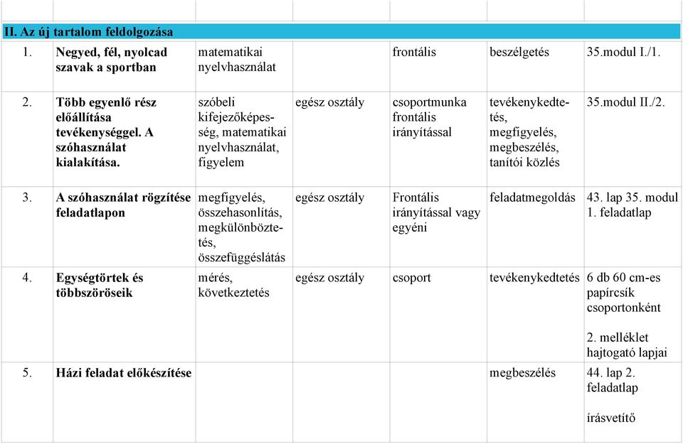 szóbeli kifejezőképesség, matematikai nyelvhasználat, figyelem egész osztály csoportmunka frontális irányítással tevékenykedtetés, megfigyelés, megbeszélés, tanítói közlés 35