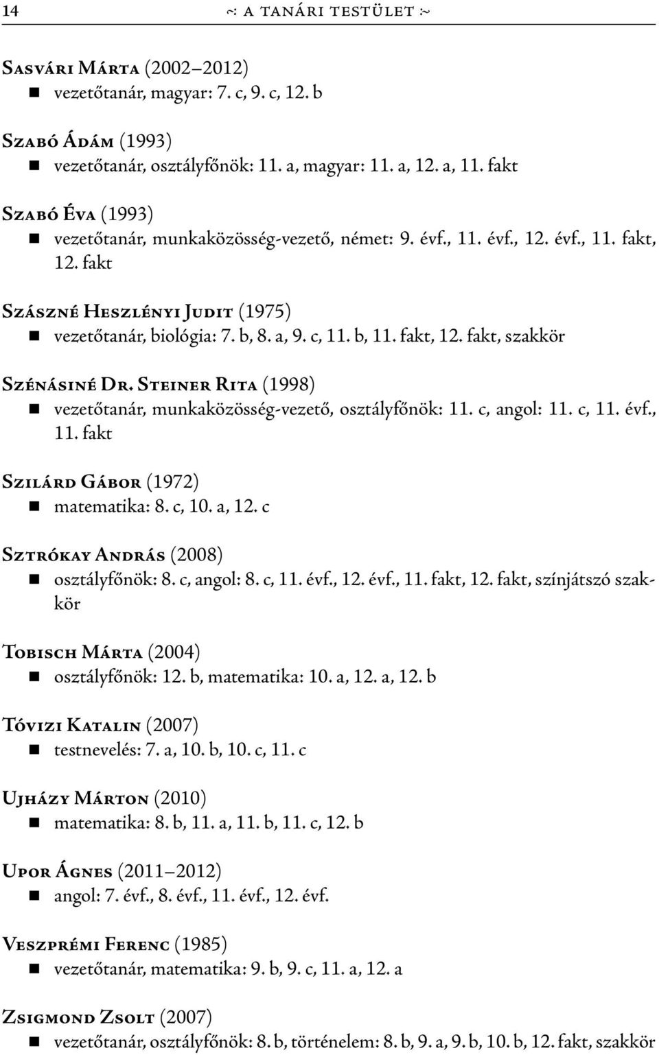 fakt, 12. fakt, szakkör Szénásiné Dr. Steiner Rita (1998) vezetőtanár, munkaközösség-vezető, osztályfőnök: 11. c, angol: 11. c, 11. évf., 11. fakt Szilárd Gábor (1972) matematika: 8. c, 10. a, 12.