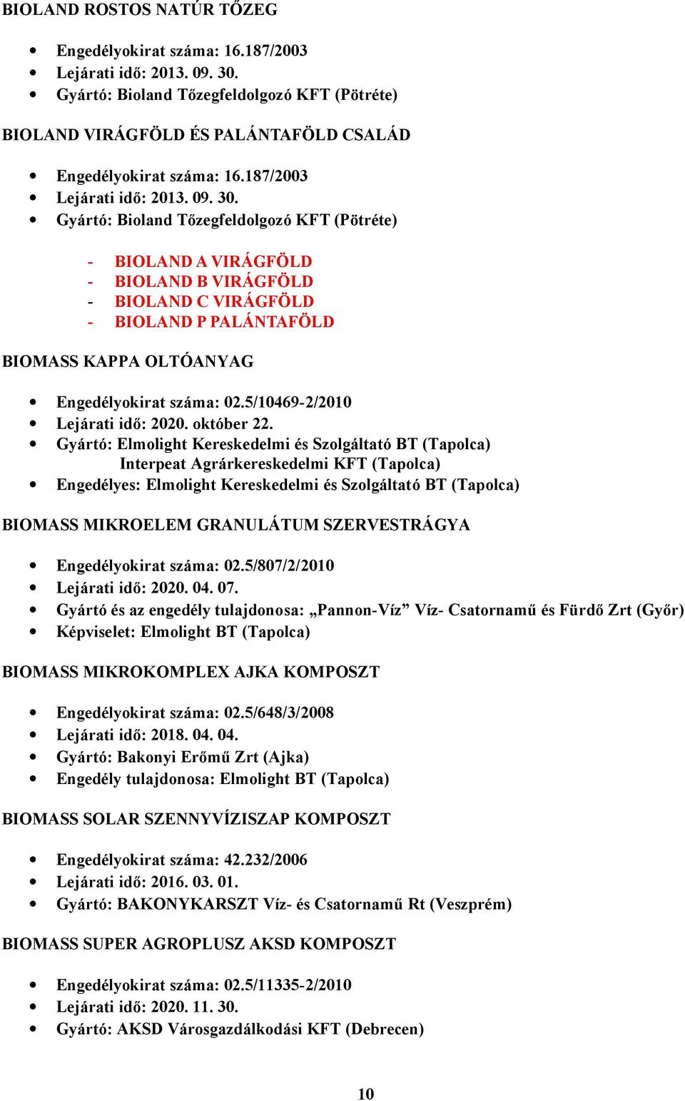 Gyártó: Bioland Tőzegfeldolgozó KFT (Pötréte) - BIOLAND A VIRÁGFÖLD - BIOLAND B VIRÁGFÖLD - BIOLAND C VIRÁGFÖLD - BIOLAND P PALÁNTAFÖLD BIOMASS KAPPA OLTÓANYAG Engedélyokirat száma: 02.