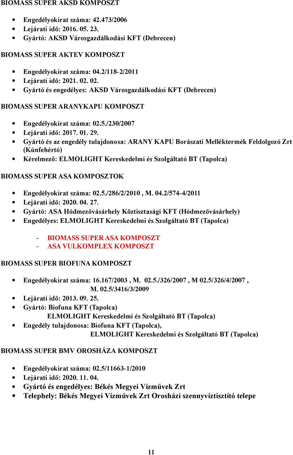 Gyártó és az engedély tulajdonosa: ARANY KAPU Borászati Melléktermék Feldolgozó Zrt (Kúnfehértó) Kérelmező: ELMOLIGHT Kereskedelmi és Szolgáltató BT (Tapolca) BIOMASS SUPER ASA KOMPOSZTOK