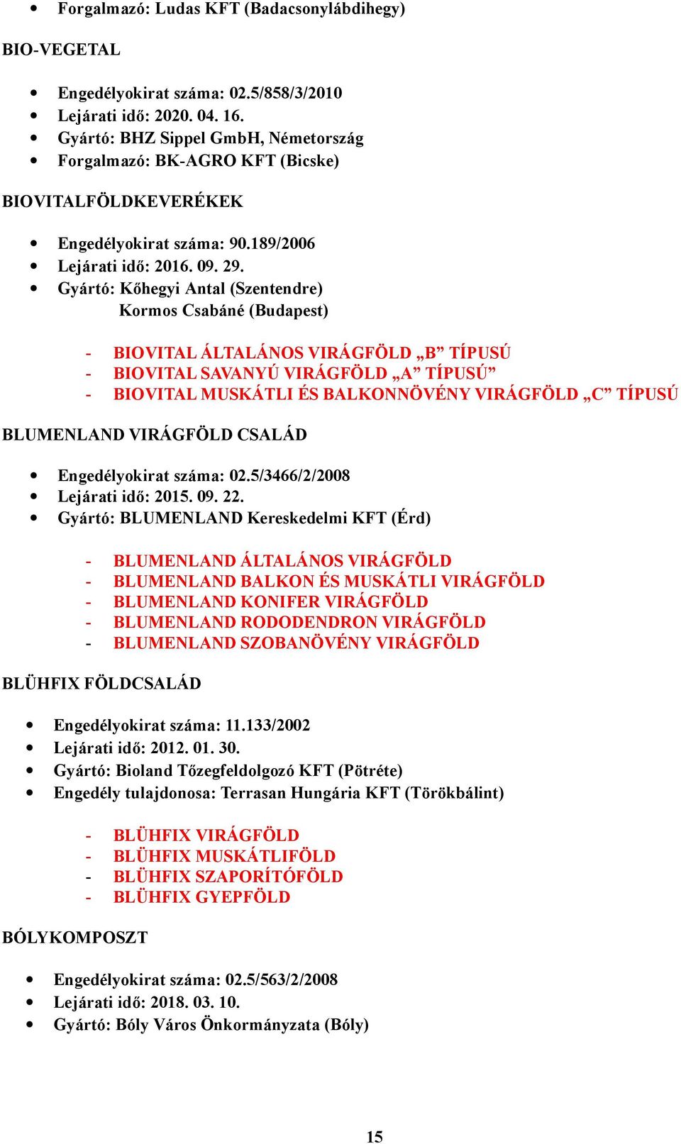 Gyártó: Kőhegyi Antal (Szentendre) Kormos Csabáné (Budapest) - BIOVITAL ÁLTALÁNOS VIRÁGFÖLD B TÍPUSÚ - BIOVITAL SAVANYÚ VIRÁGFÖLD A TÍPUSÚ - BIOVITAL MUSKÁTLI ÉS BALKONNÖVÉNY VIRÁGFÖLD C TÍPUSÚ