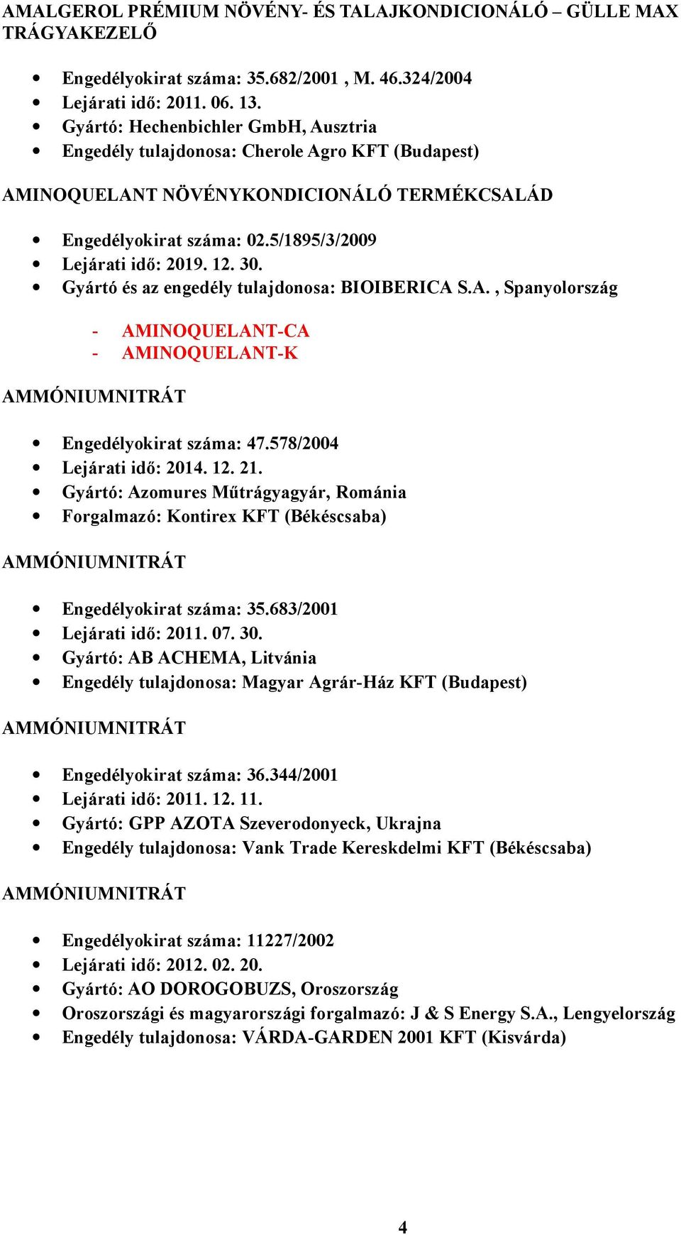 Gyártó és az engedély tulajdonosa: BIOIBERICA S.A., Spanyolország - AMINOQUELANT-CA - AMINOQUELANT-K AMMÓNIUMNITRÁT Engedélyokirat száma: 47.578/2004 Lejárati idő: 2014. 12. 21.