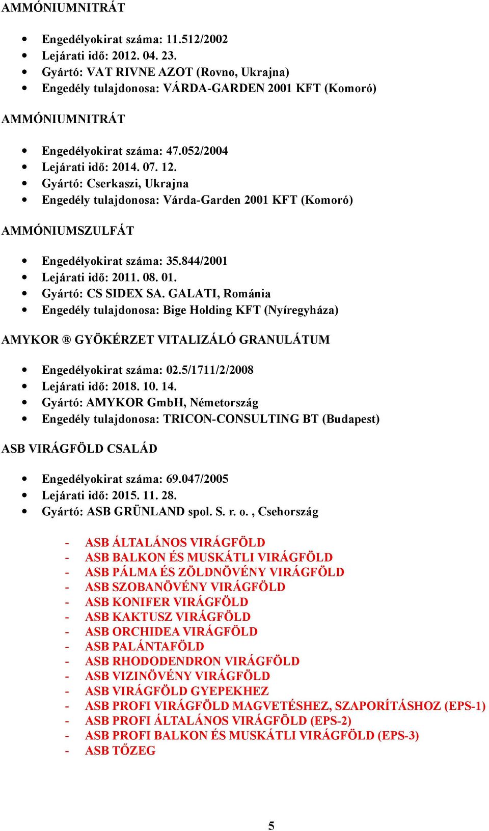 Gyártó: Cserkaszi, Ukrajna Engedély tulajdonosa: Várda-Garden 2001 KFT (Komoró) AMMÓNIUMSZULFÁT Engedélyokirat száma: 35.844/2001 Lejárati idő: 2011. 08. 01. Gyártó: CS SIDEX SA.