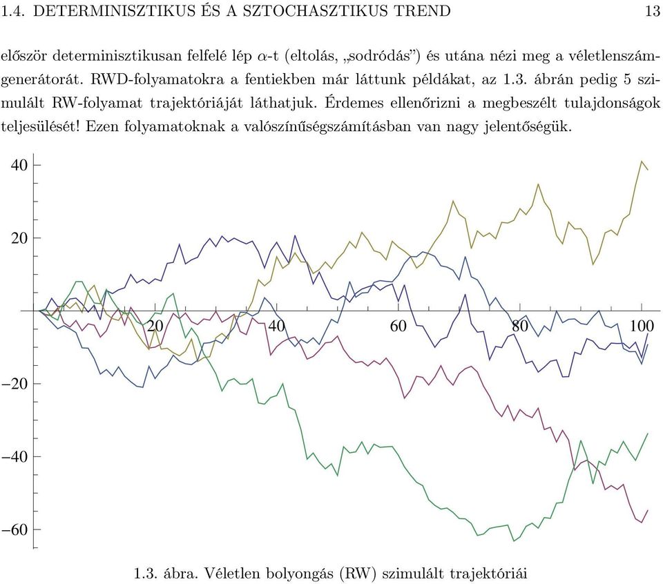 ábrán pedig 5 szimulált RW-folyamat trajektóriáját láthatjuk. Érdemes ellenőrizni a megbeszélt tulajdonságok teljesülését!