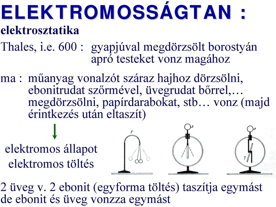 ELEKTROMOSSÁGTAN : elektromos állapot elektromos töltés 2 üveg v. 2 ebonit  (egyforma töltés) taszítja egymást de ebonit és üveg vonzza egymást - PDF  Free Download