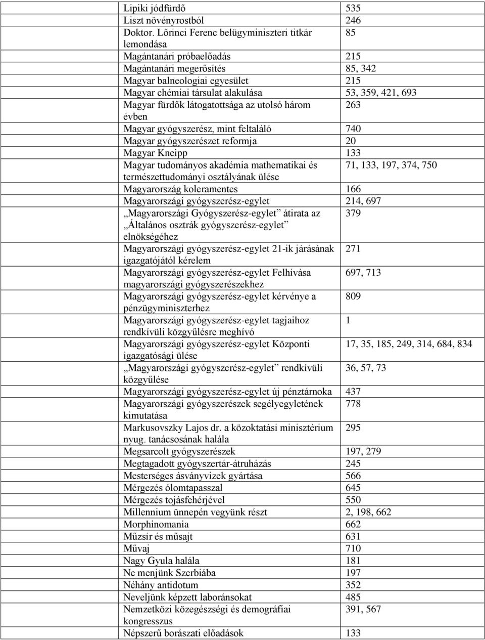 Magyar fürdők látogatottsága az utolsó három 263 évben Magyar gyógyszerész, mint feltaláló 740 Magyar gyógyszerészet reformja 20 Magyar Kneipp 133 Magyar tudományos akadémia mathematikai és 71, 133,