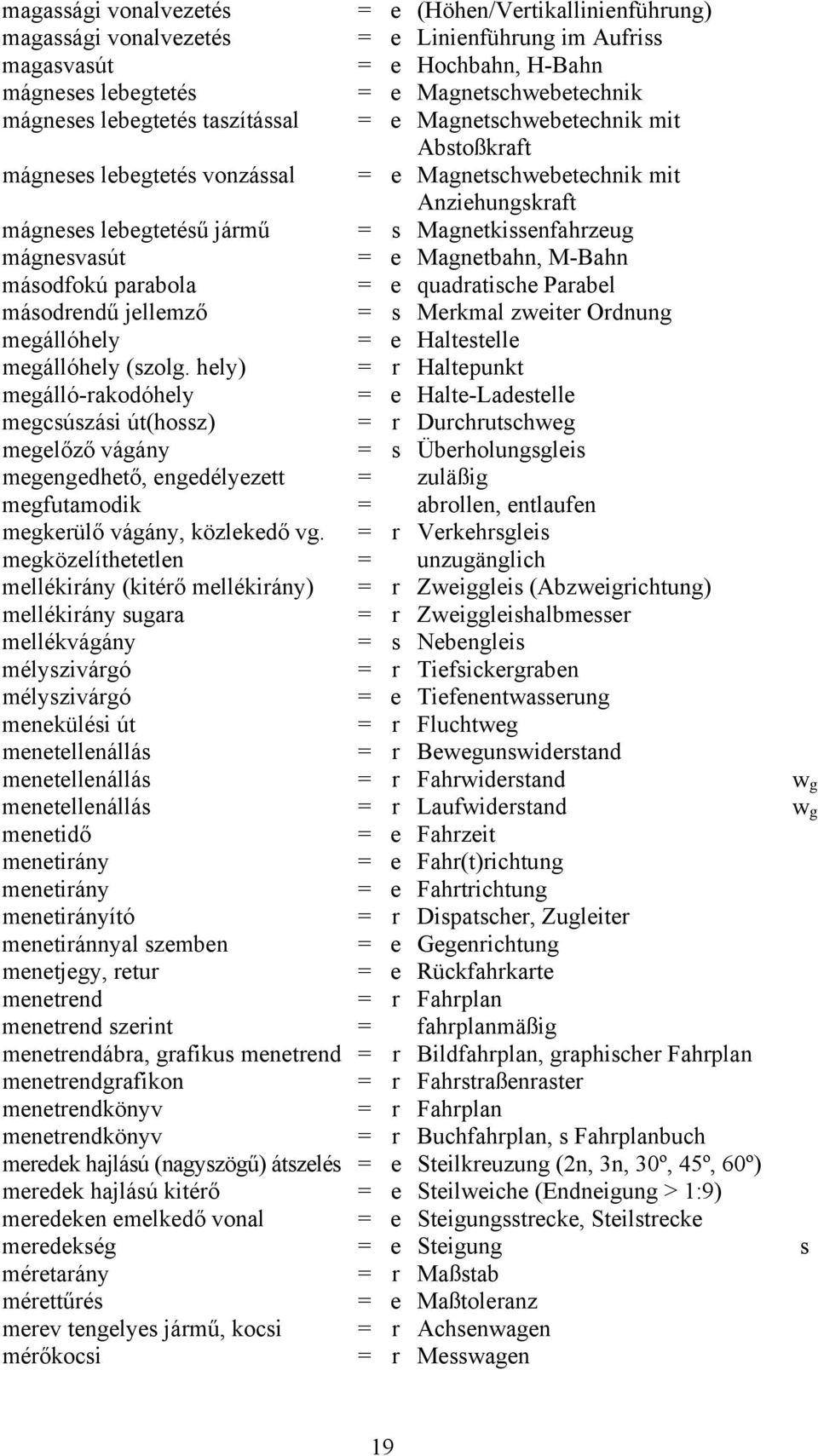 mágnesvasút = e Magnetbahn, M-Bahn másodfokú parabola = e quadratische Parabel másodrendű jellemző = s Merkmal zweiter Ordnung megállóhely = e Haltestelle megállóhely (szolg.