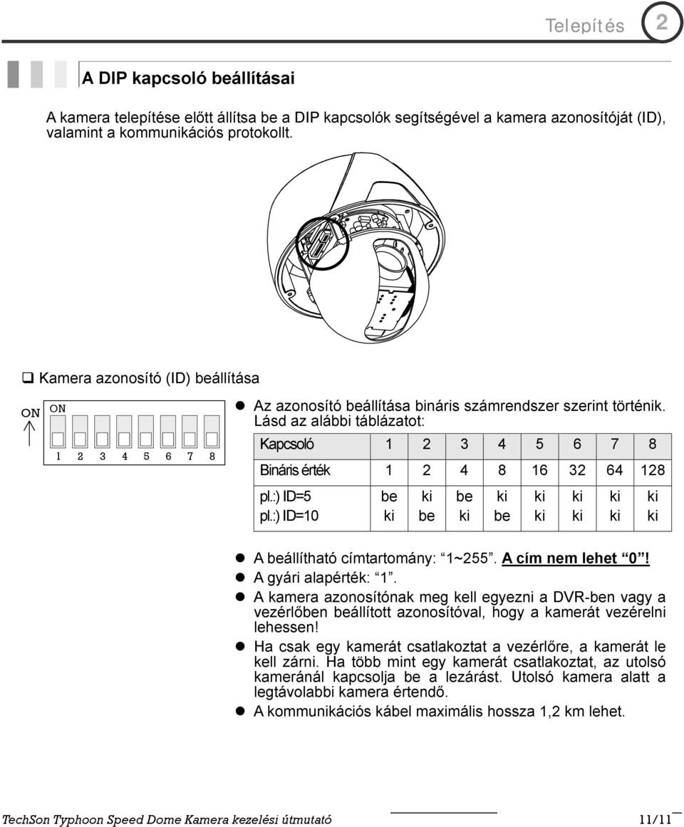 Lásd az alábbi táblázatot: Kapcsoló 1 2 3 4 5 6 7 8 Bináris érték 1 2 4 8 16 32 64 128 pl.:) ID=5 be ki be ki ki ki ki ki pl.:) ID=10 ki be ki be ki ki ki ki A beállítható címtartomány: 1~255.