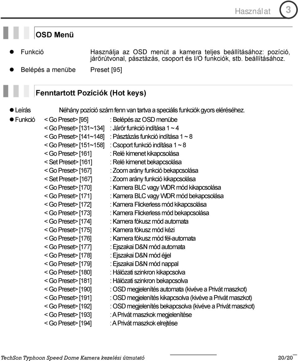 Belépés a menübe Preset [95] Fenntartott Pozíciók (Hot keys) Leírás Néhány pozíció szám fenn van tartva a speciális funkciók gyors eléréséhez.