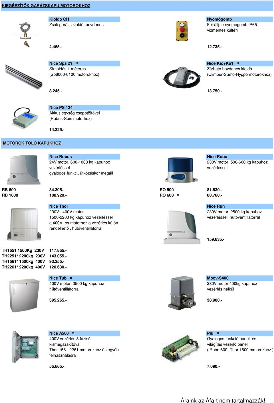 750.- 14.325.- MOTOROK TOLÓ KAPUKHOZ Nice Robus 24V motor, 600-1000 kg kapuhoz vezérléssel gyalogos funkc.