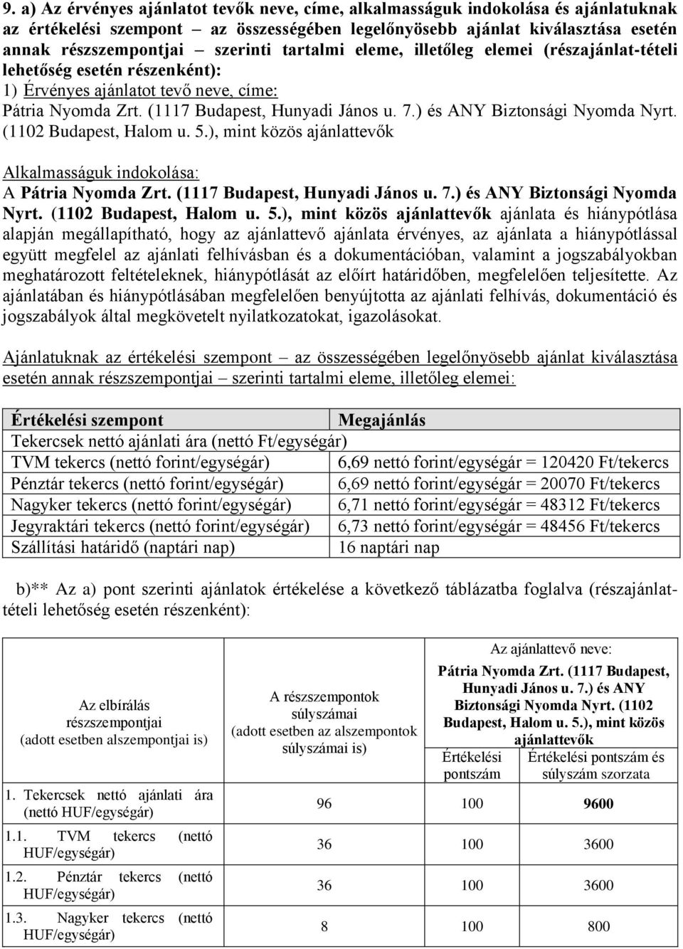 ) és ANY Biztonsági Nyomda Nyrt. (1102 Budapest, Halom u. 5.), mint közös ajánlattevők Alkalmasságuk indokolása: A Pátria Nyomda Zrt. (1117 Budapest, Hunyadi János u. 7.