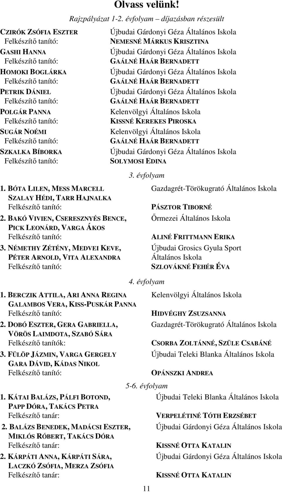 évfolyam díjazásban részesült Újbudai Gárdonyi Géza Általános Iskola NEMESNÉ MÁRKUS KRISZTINA Újbudai Gárdonyi Géza Általános Iskola GAÁLNÉ HAÁR BERNADETT Újbudai Gárdonyi Géza Általános Iskola