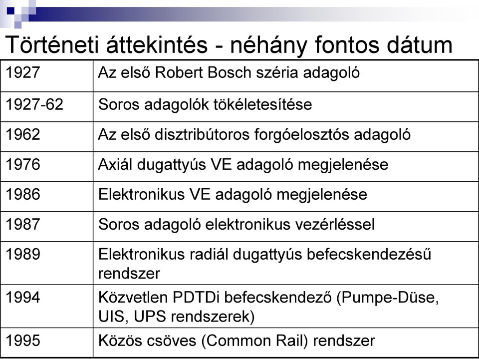 Elektronikus VE adagoló megjelenése 1987 Soros adagoló elektronikus vezérléssel 1989 Elektronikus radiál dugattyús