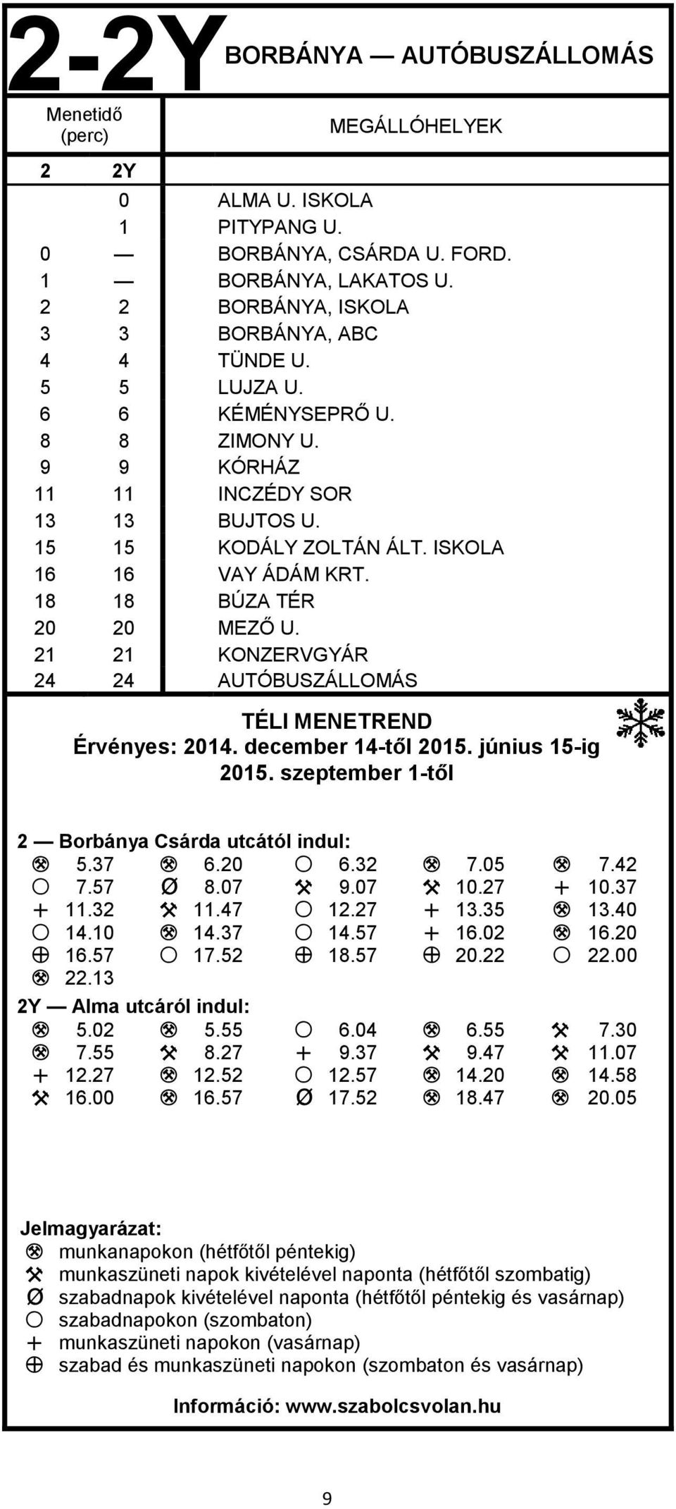 21 21 KONZERVGYÁR 24 24 AUTÓBUSZÁLLOMÁS TÉLI MENETREND Érvényes: 2014. december 14-től 2015. június 15-ig 2015. szeptember 1-től 2 Borbánya Csárda utcától indul: M 5.37 M 6.20 S 6.32 M 7.05 M 7.