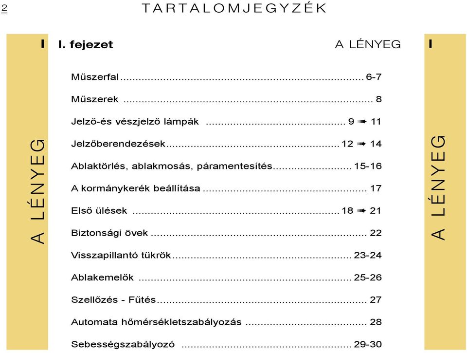 ..12 14 Ablaktörlés, ablakmosás, páramentesítés... 15-16 A kormánykerék beállítása... 17 Első ülések.