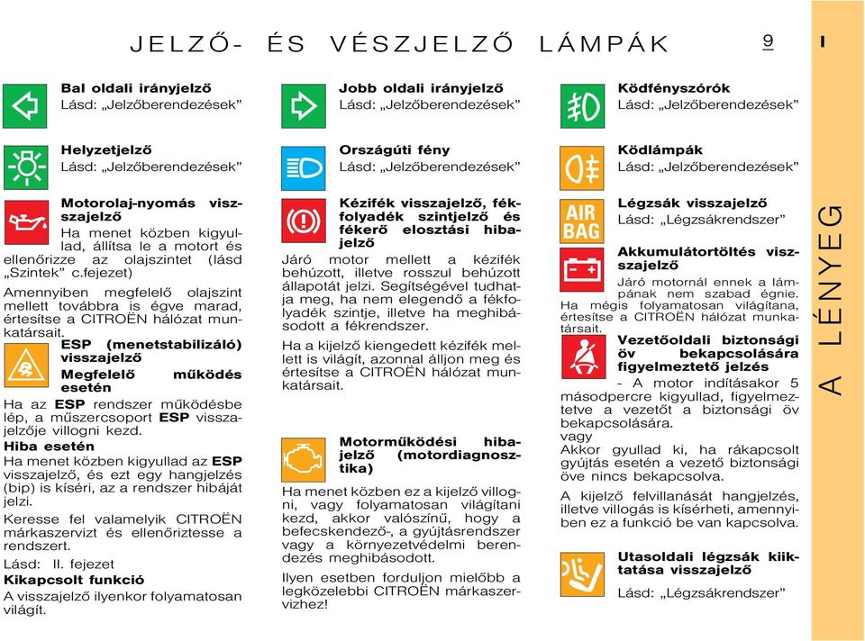 fejezet) Amennyiben megfelelõ olajszint mellett továbbra is égve marad, értesítse a CITROËN hálózat munkatársait ĖSP (menetstabilizáló) visszajelzõ Megfelelõ mûködés esetén Ha az ESP rendszer