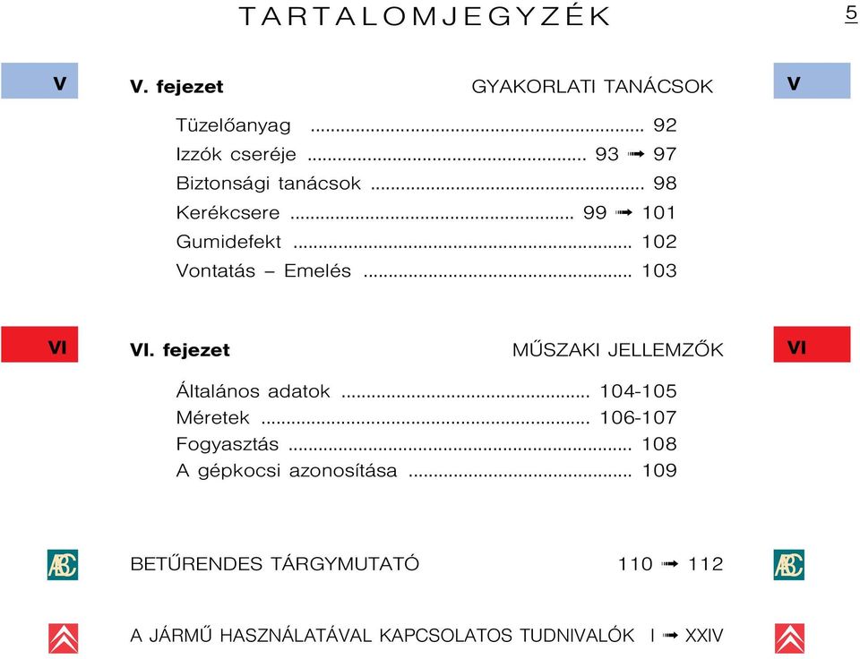 .. 103 V VI VI. fejezet Mûszaki jellemzõk VI Általános adatok... 104-105 Méretek... 106-107 Fogyasztás.