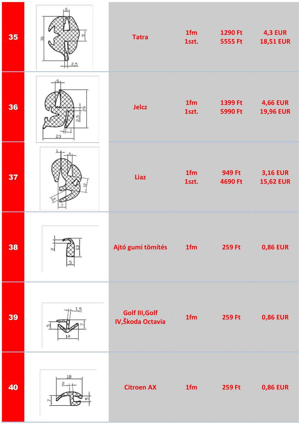 15,62 EUR 38 Ajtó gumi tömítés 259 Ft 0,86 EUR 39 Golf