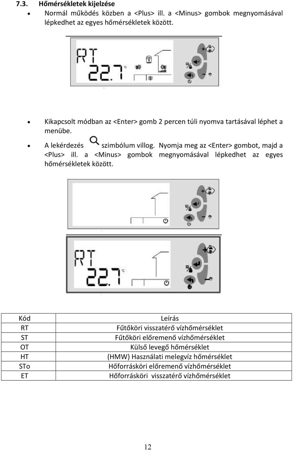 Nyomja meg az <Enter> gombot, majd a <Plus> ill. a <Minus> gombok megnyomásával lépkedhet az egyes hőmérsékletek között.