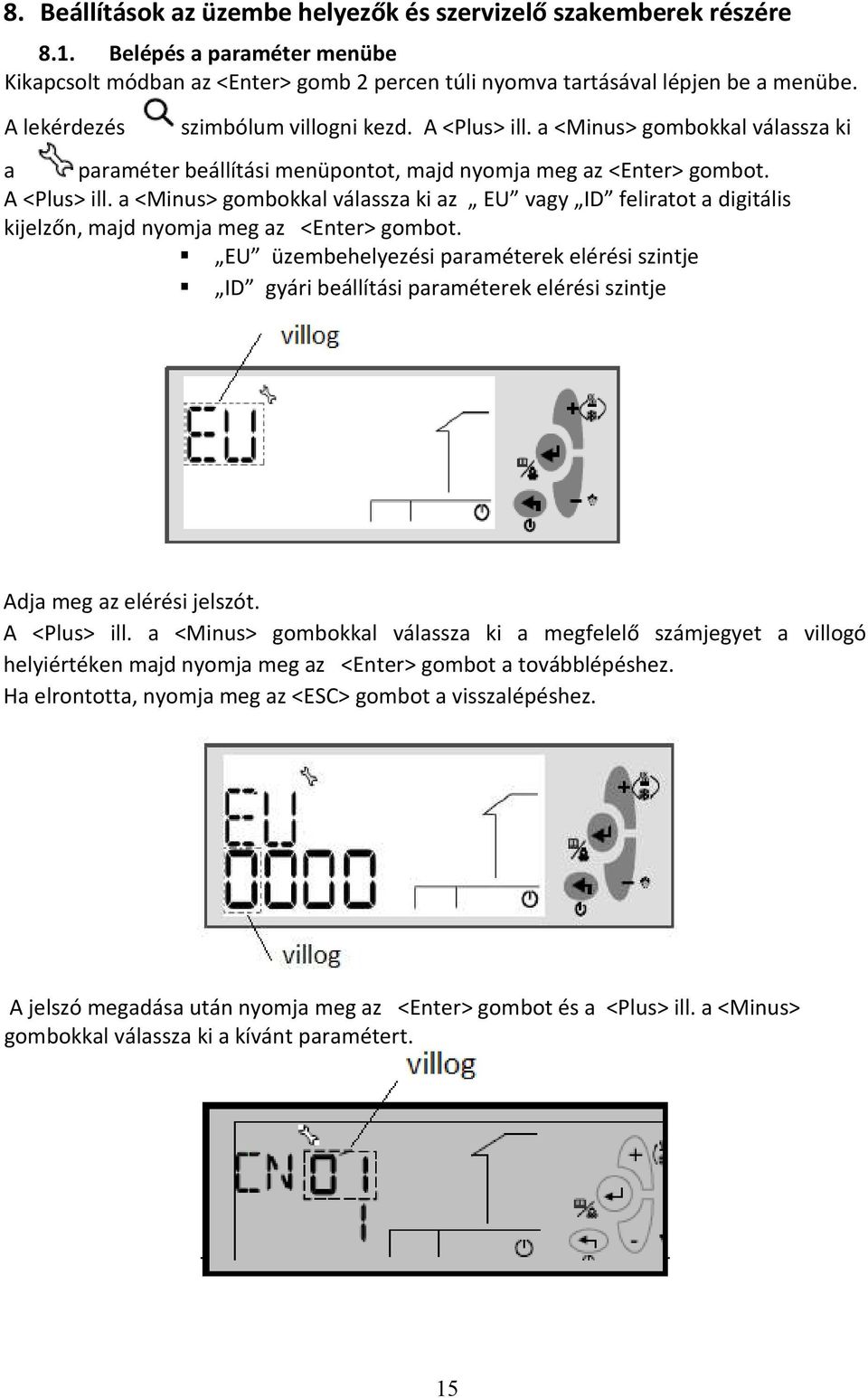 EU üzembehelyezési paraméterek elérési szintje ID gyári beállítási paraméterek elérési szintje Adja meg az elérési jelszót. A <Plus> ill.