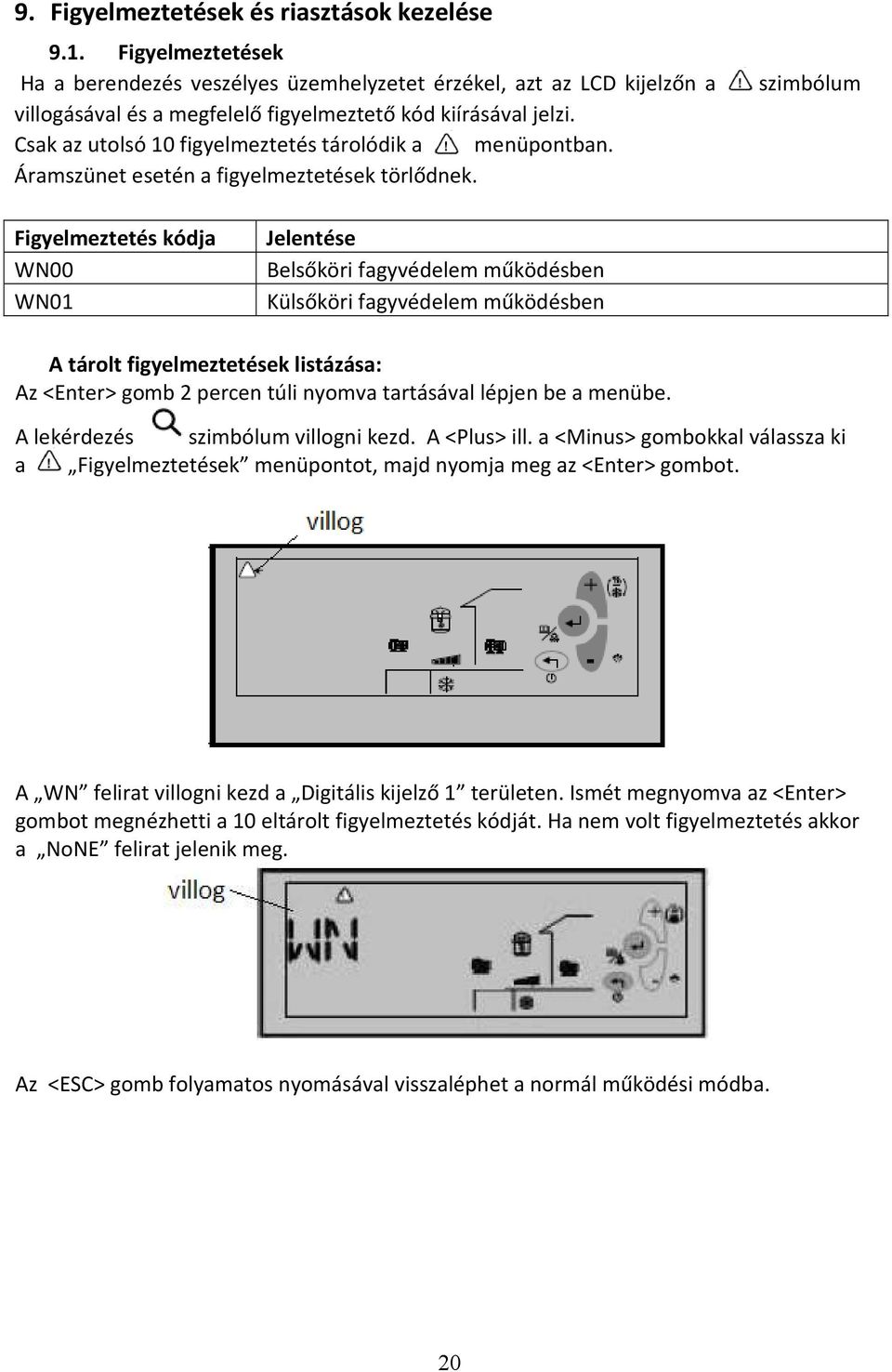 szimbólum Figyelmeztetés kódja WN00 WN01 Jelentése Belsőköri fagyvédelem működésben Külsőköri fagyvédelem működésben A tárolt figyelmeztetések listázása: Az <Enter> gomb 2 percen túli nyomva